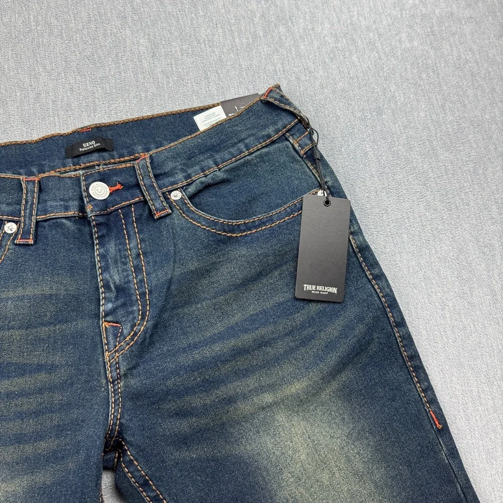 True Religion Jeans Mens 34X33 Blue Geno Big T Flap Pocket Slim Stretch Pant NWT